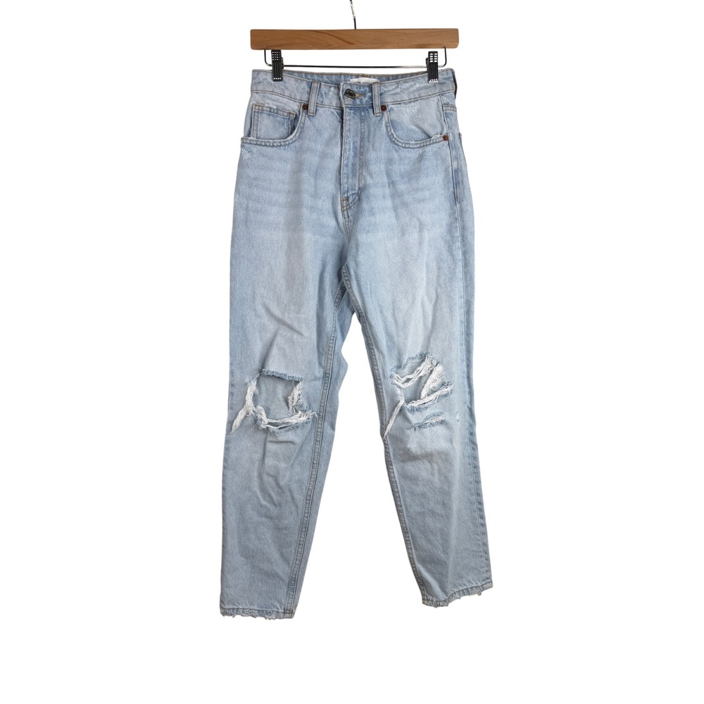 Zara High Rise Distressed Mom Jeans size 4 Light Blue